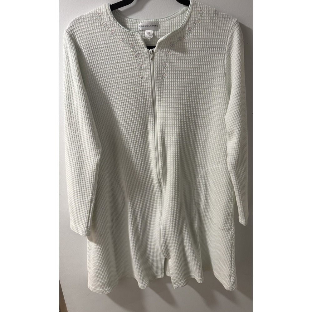 Miss Elaine M Zip Front Waffle Knit‎ Robe Mint Green  Embroidered 131128